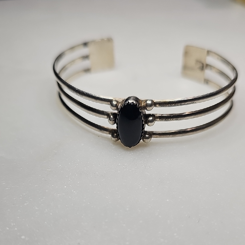 Onyx Sterling Silver 925 Navajo Bracelet Cuff Signed MJ